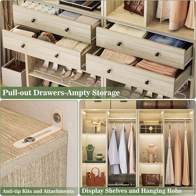 Besiost Closet System, 111"/9.3 FT Closet Organizer System with 8 Drawers and Shelves, Can Fit 120"/10FT Walk-in Closets Systems, Free Standing Reach in Closet Tower, Load 2400+LBS, Greige 4 Pack