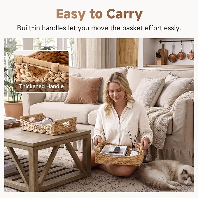 StorageWorks Wicker Baskets for Organizing, Water Hyacinth Storage Baskets with Handles, Woven Baskets for Pantry Storage, 15¼" x 11¾" x 4¾", 1-Pack