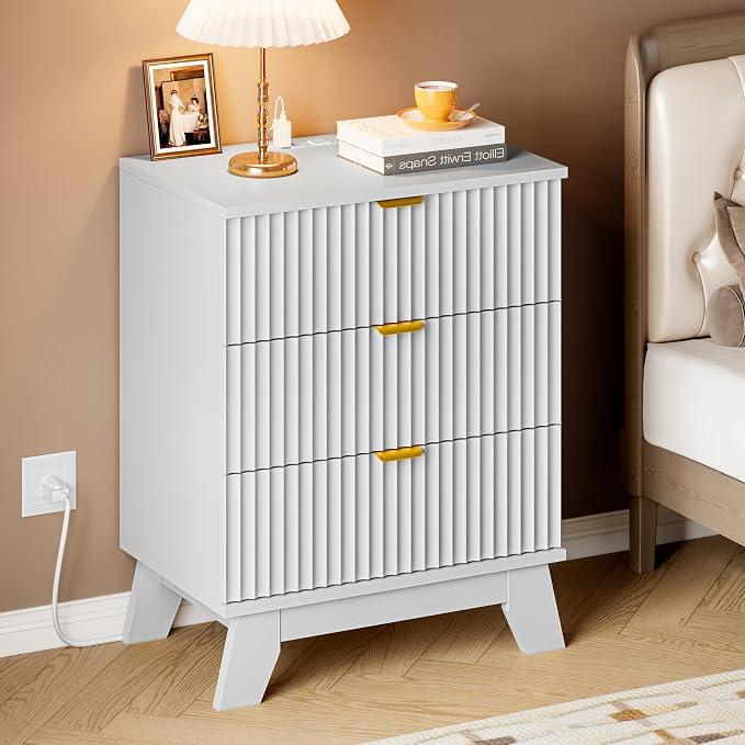 BORNOON 30.5" Nightstand with Charging Station, 3-Drawer Fluted Bedroom Chest, Wood Bedside Dresser with Power Outlets and USB Ports, Metal Slides, Stable Base, Modern Storage Cabinet for Small Spaces