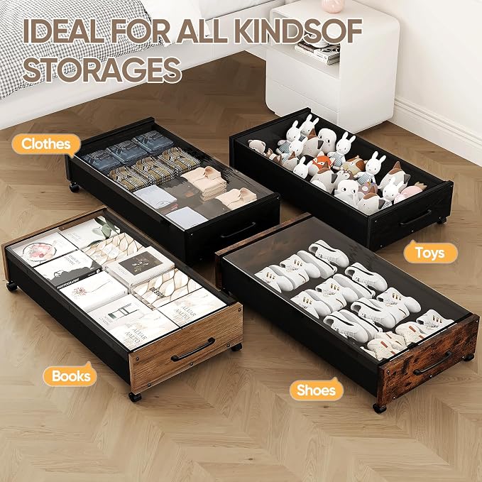 KITHELP Under Bed Storage with Wheels, Wooden Under Bed Drawers 2 Packs, Rolling Underbed Storage Containers Organizer with Handle Removable Lid, Heavy Duty Metal Frame for Clothes Shoe Books(Black)