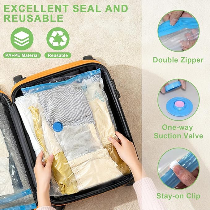 Mapambo 15 Pack Vacuum Storage Bags with -60000Pa USB Pump, Vacuum Seal Bags for Clothing Travel, Space Saver Vacuum Seal Bags for Clothing, Save 80% of Space for Clothes (15 Combo Size)