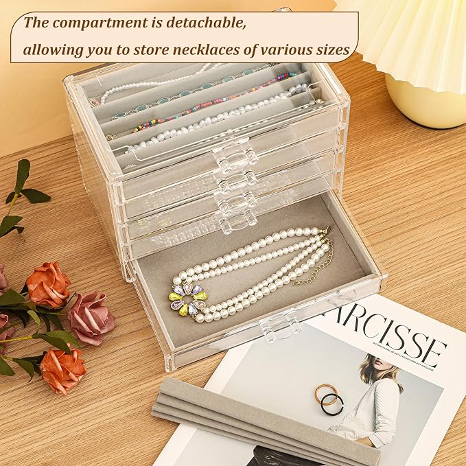 5 Drawerss Necklace Organizer Box, Tray with Clear Lid, Dustproof Velvet Necklaces Holder Storage Display Case, Gery Necklace Tray Drawer Insert for Pendant Suitable for Women and Girls (25 grids)