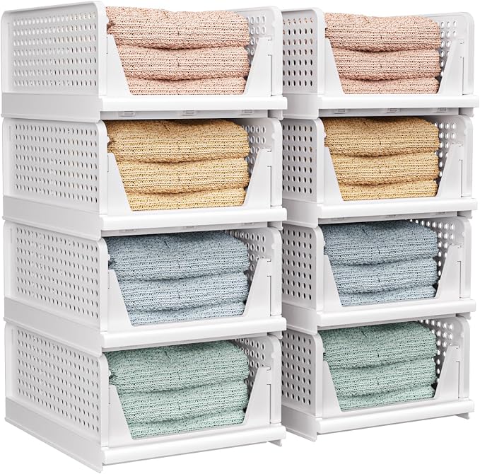 CTSNSLH 8 Pack Closet Organizers Stackable Storage Box | White stackable plastic drawer bins for closets, wardrobes, kitchens, bathrooms, offices