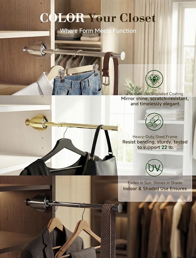 INMAKER Valet Rod for Closet Slide out | Pull out to 9.5" Hanger Rod for ≥12" Deep Closet, Sterling Silver, 2 Pack