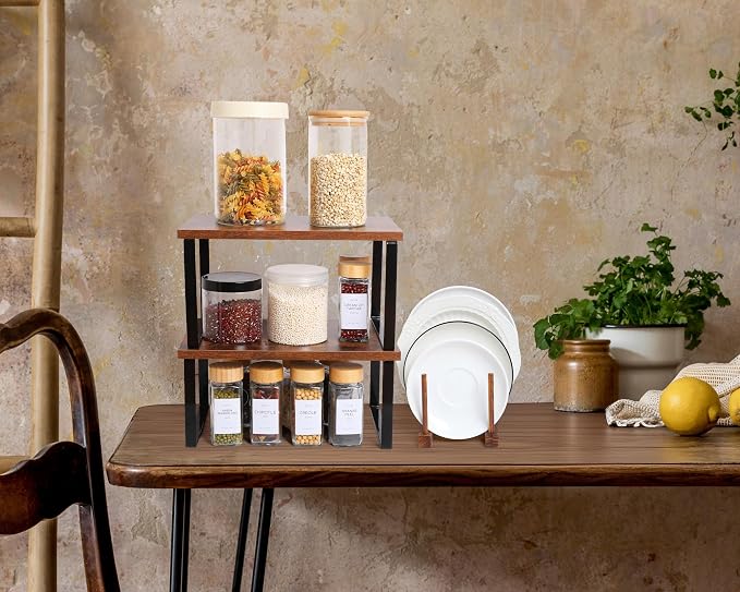 Marsui 4 Pcs Kitchen Organizer Accessories Set for Cabinet,Deep Color | Cabinet Organizer Shelves, Bamboo Dish Drying Plate Rack, Wooden Counter Storage Holder, for Spice Dish Pot Lid Bowl Cup