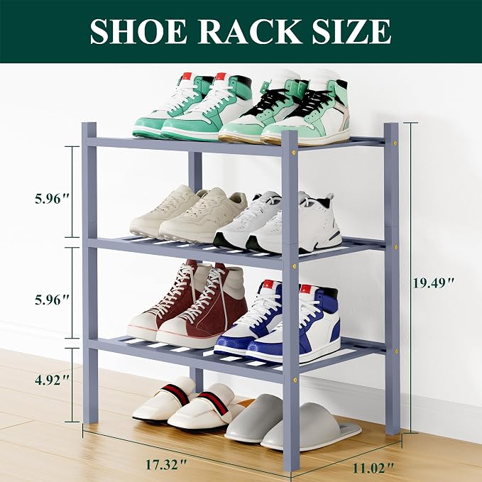 Smiry Small Bamboo Shoe Rack, 3 Tier Free Standing Wooden Shoe Organizer, Stackable Wood Shoe Storage Shelf for Closet, Entryway, 12 Vertical Slats, 2+1 Stack Standard Legs, 17.3"x11"x19.5", Grey