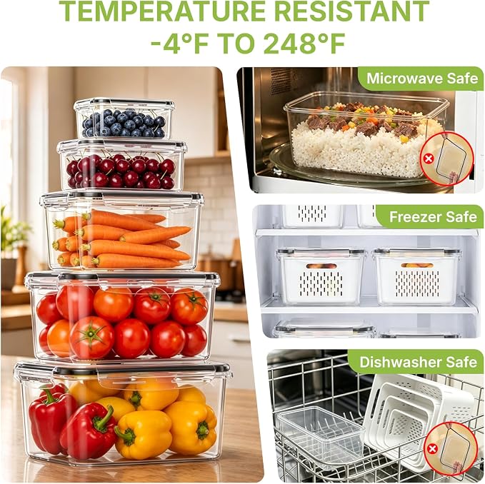 5 Pack Large Fruit Storage Containers for Fridge, Leakproof Produce Containers with Removable Colanders, Dishwasher Safe Fridge Organizers and Storage, Keep Berry, Vegetables Fresh Longer