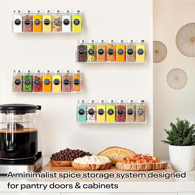 Wall Mounted Acrylic Spice Rack 2 Pack, 9 Inch Clear Pantry Door Organizer, Floating Spice Organizer, Adhesive or Screw Mounted Cabinet Seasoning Shelf