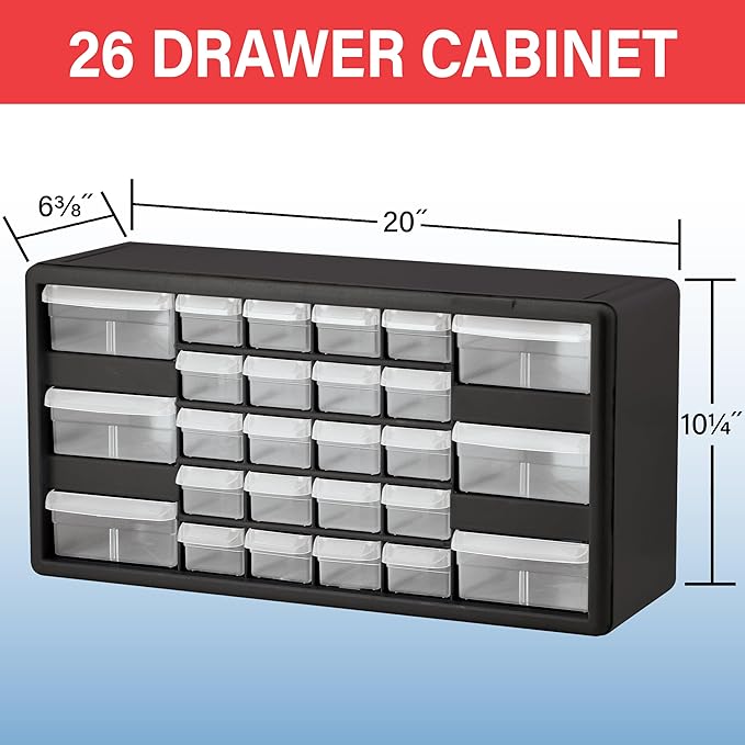 Akro-Mils 26-Drawer Plastic Drawer Storage Cabinet for Garage Organization, Bead Organizer, Building Bricks Storage, Teacher Toolbox, Makeup Organizer, 20" W x 6" D x 10" H, 10126 Yellow