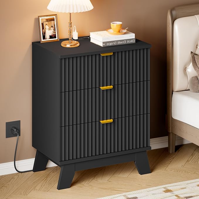 BORNOON 30.5" Nightstand with Charging Station, 3-Drawer Fluted Bedroom Chest, Wood Bedside Dresser with Power Outlets and USB Ports, Metal Slides, Stable Base, Modern Storage Cabinet for Small Spaces