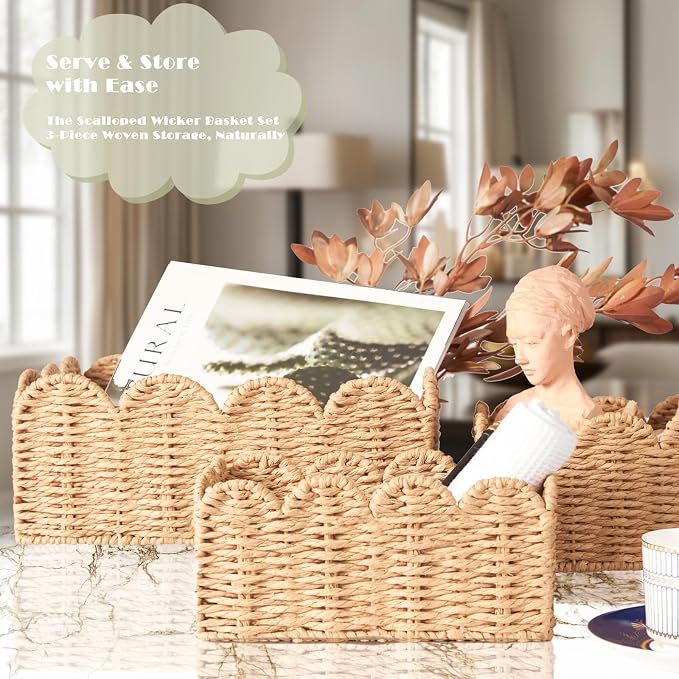 Scalloped Wicker Baskets, Set of 3 Hand-Woven Storage Baskets with Handles - Paper Rope Shelf Organizers & Decorative Baskets for Shelves, Closet, Bathroom (Tan）