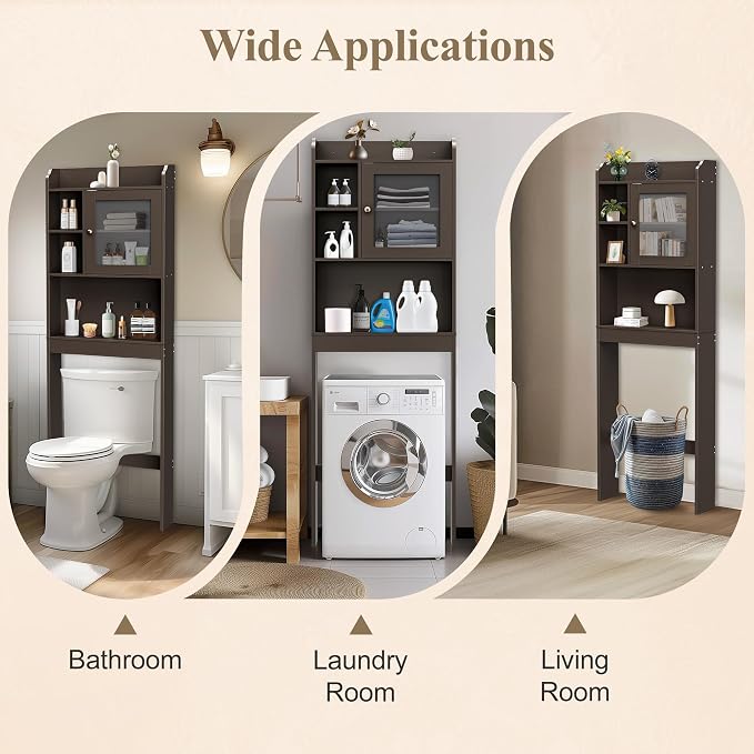 ZENY Over The Toilet Storage Cabinet, Bathroom Organizer with Adjustable Shelf and Double Doors, Freestanding Bathroom Space Saver Toilet Rack (Brown)