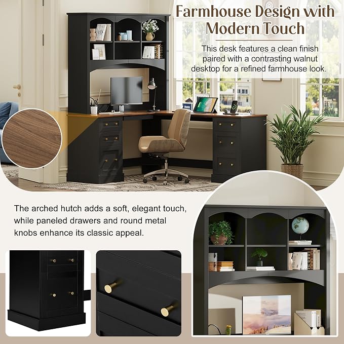 Merax L Shaped Desk Black, Corner Computer Desk with Charging Station & Keyboard Tray, Home Office Desk with File Drawers & Hutch, Space Saving Workstation for Office Study and Gaming