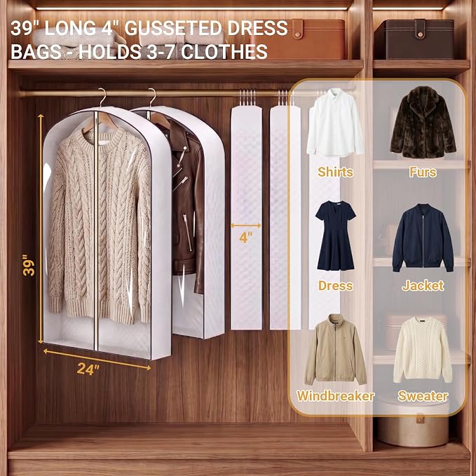 6 Pack 39" Clear Garment Bags for Hanging Clothes,4" Gusseted Suit Bags for Closet Storage Non-woven Back,Hanging Clothes Storage Suit Cover Bags with Zipper for Coats,Jackets,Shirts