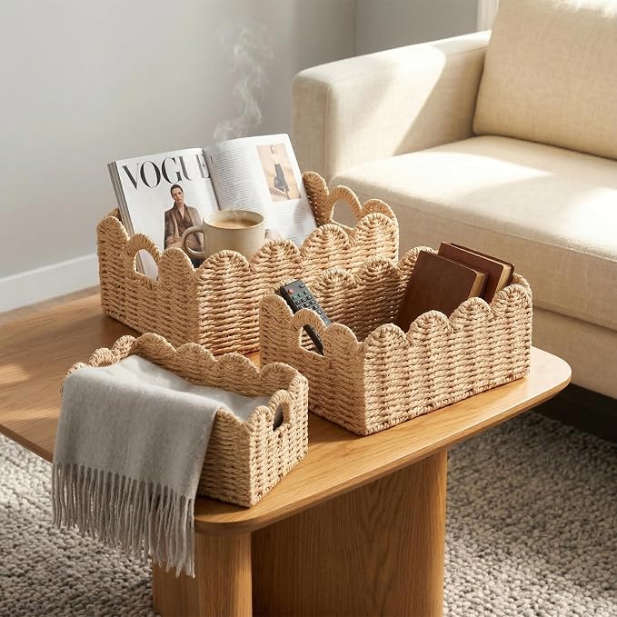 Scalloped Wicker Baskets, Set of 3 Hand-Woven Storage Baskets with Handles - Paper Rope Shelf Organizers & Decorative Baskets for Shelves, Closet, Bathroom (Beige）