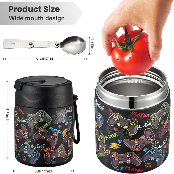 Howeemo 17oz Soup Thermo for Hot Food Kids,Insulated Food Jar with Spoon,Thermo Hot Food Lunch Container,Wide Mouth Leakproof Stainless Steel Lunch Box for School-Black Game