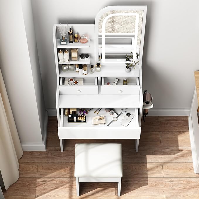 Makeup Vanity Desk with Lights,Small Vanity with Adjustable Brightness Mirror for Samll Spaces,Makeup Vanity with 3 Drawers,Storage Shelf,Bedroom Dressing Table