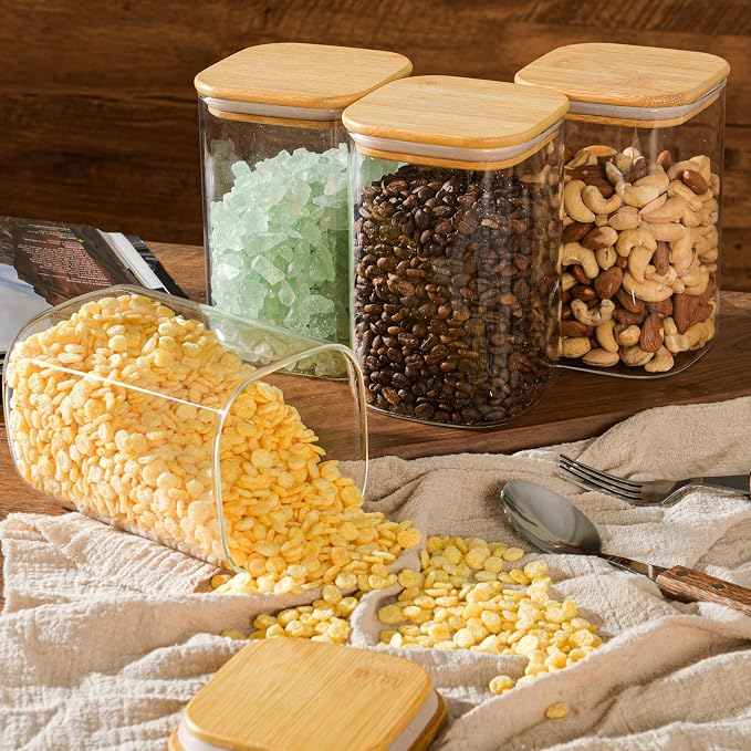 D2scrma 37oz Airtight Glass Square Storage Canisters with Bamboo Lid Set of 6 (1100ml) Stackable Containers, Kitchen Jars for Pantry Noodles, Flour and Coffee beans (‎with Black Lable)