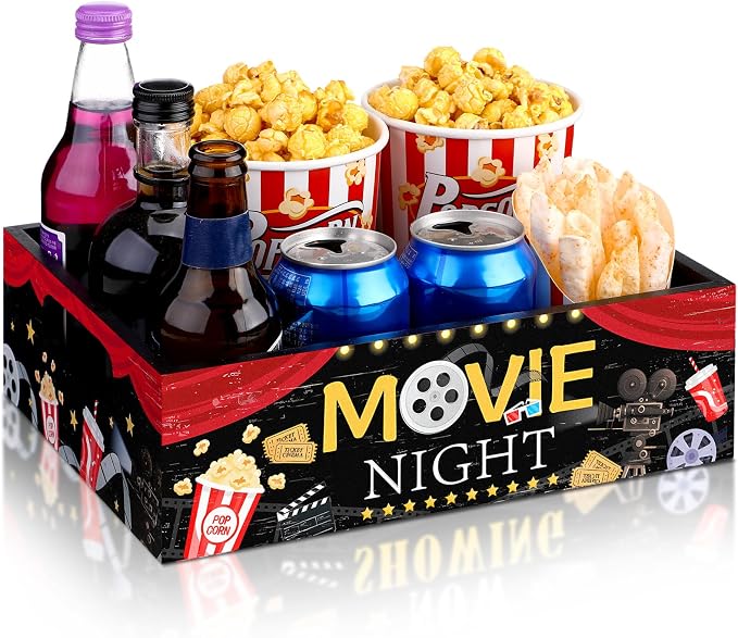 Movie Night Supplies Snack Trays with Handles Reusable Wooden Movie Gift Basket for Theater Popcorn Bucket Bowl Box Container Family Room Decor(Classic Style)