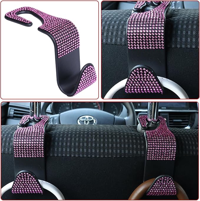 4PCS Bling Car Seat Headrest Hooks, Vehicle Back Seat Purse Handbag Hanging Holder with Crystal Rhinestone, Diamond Storage Organizer Hook,Bling Car Accessories for Women (Pink)