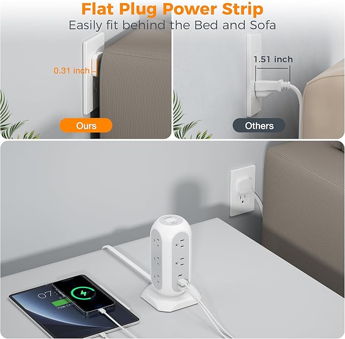 TESSAN Tower Power Strip Flat Plug with 1050J Surge Protection, 6 Ft, Grey | 11 Outlets 3 USB (1 USB C), Surge Protector Power Tower, Extension Cord with Multiple Outlets, Dorm, Office Desk Supplies