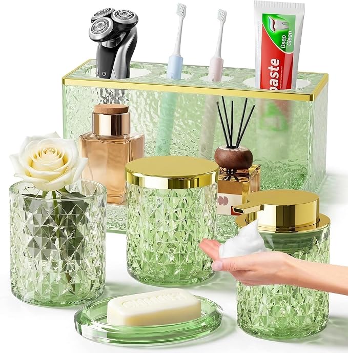 Glass Bathroom Accessories Set 5Pcs Crystal - Foaming Soap Dispenser, Soap Dish, Cup, Acrylic Toothbrush Holder with Tray Organizer, Qtip Jar, Bathroom Counter Set Sink Decor (Green)
