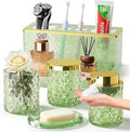 Glass Bathroom Accessories Set 5Pcs Crystal - Foaming Soap Dispenser, Soap Dish, Cup, Acrylic Toothbrush Holder with Tray Organizer, Qtip Jar, Bathroom Counter Set Sink Decor (Green)