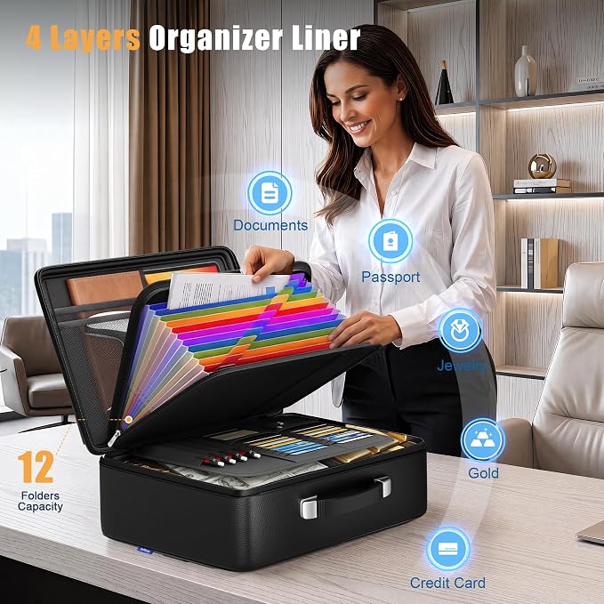5200°F Fireproof Document Box, Hard-Shell,Fireproof Safe for Home Documents | Fire proof safe document box with lock,detachable accordion file organizer,waterproof digital portable document organiser