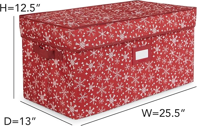 Covermates Keepsakes Adjustable Ornament Storage Box – Heavy-Duty Polyester, Padded Dividers & FlexGrid Trays – Protective Holiday Organizer with Stackable Walls & Label Window, Red Snowflake
