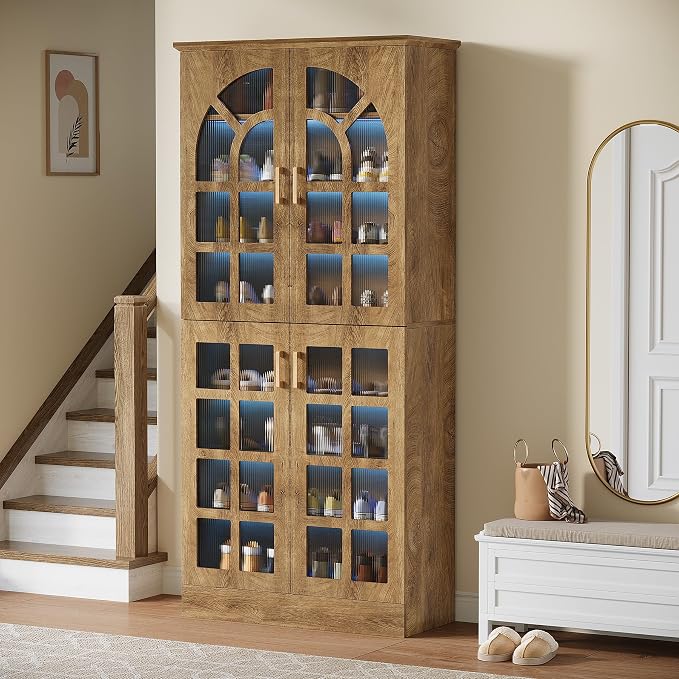 Tribesigns Tall Shoe Cabinet with Doors and Led Lights, 8-Tier Wooden Shoe Rack Organizer with Adjustable Shelves, Narrow Shoe Storage Cabinet for Entryway, Hallway, Living Room, Brown, 2PCs
