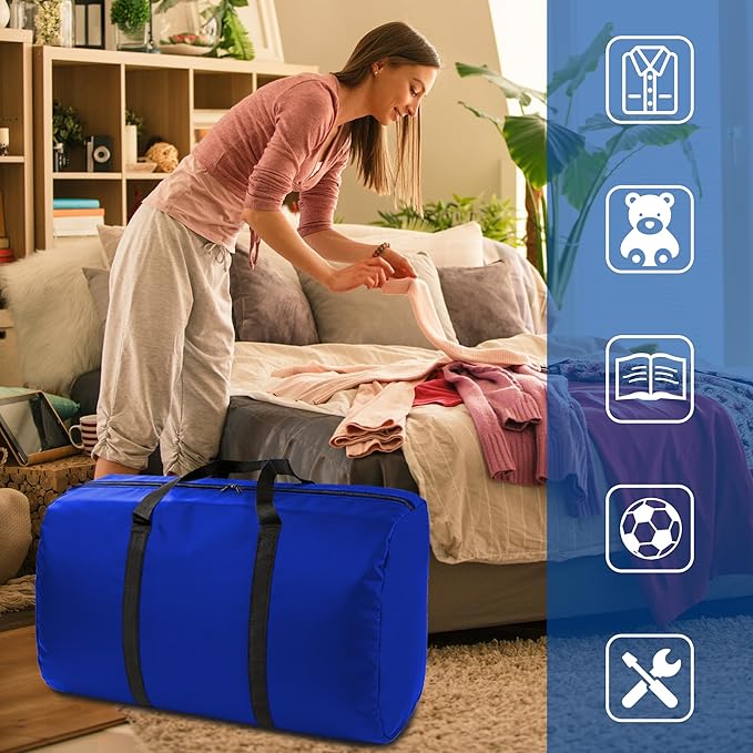 4 Pack 96L Extra Large Moving Bags with Zippers & Carrying Handles for Storage, Packing, Traveling, Camping, Langdry, Big Heavy Duty Moving Totes Bags for Clothes, Supplies and Space Saving Blue