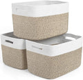 Storage Baskets for Organizing, 14 x 10 x 9” Closet Shelf Woven Baskets, Square Bins with Handles, Cotton Rope Basket for Clothes, Office, Room, White+Rice Brown 3 Pack