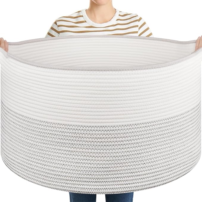 OIASKET Large Blanket Basket with Handles, 22.8" x 22.8" x 13" Woven Storage Basket for Living Room, Cotton Rope Baby Toy Storage for Clothes, Pillows, Towels-Black and White