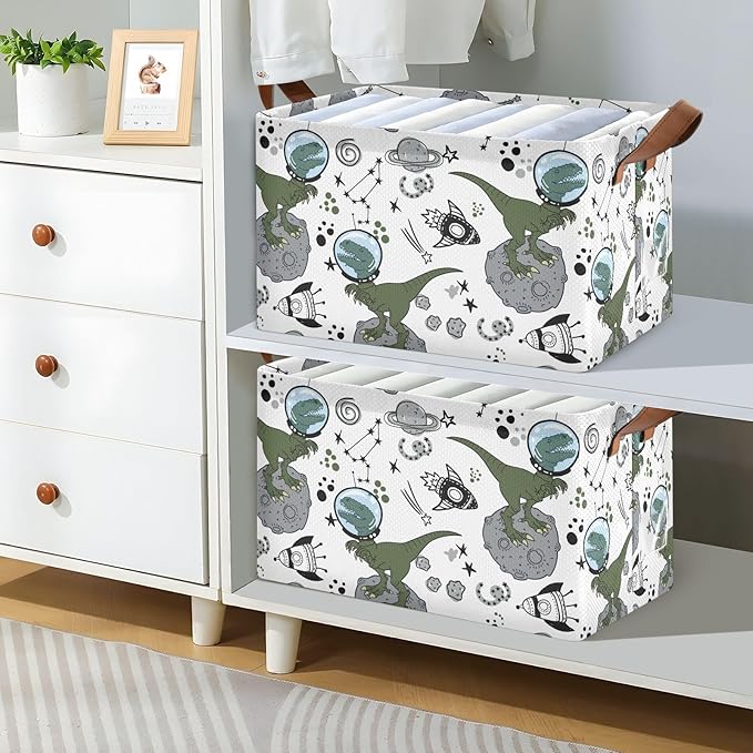 Space Rocket and Dinosaur Storage Basket Foldable Cube Storage Bins with Handles&Label Waterproof Collapsible Organizer Box Bin Large Rectangle Decorative Baskets for Shelves Home Room Laundry-2 Pack