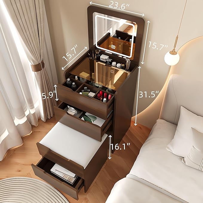 3 in 1 Vanity Desk with Mirror and Lights,Small Make Up Vanity Set with Visible Glass Desktop,Compact Makeup Vanity with 3 Drawers & Stool, Dressing Table for Bedroom (Walnut, 23.6" L)