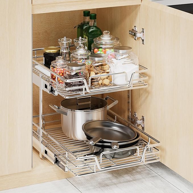 2-Tier Kitchen Cabinet Pull Out Shelf and Drawer Organizer Slide Out Pantry Storaqe Basket in Multiple Sizes (15" W x18 D)