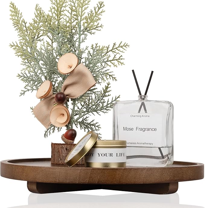 Round Decorative Tray Farmhouse Kitchen Decor Soap Dish, 12" Walnut | Waterproof, Lightweight, Easy Clean, Wood Riser Pedestal Stand Accessories for Office Desk, Vanity, Counter, Sink