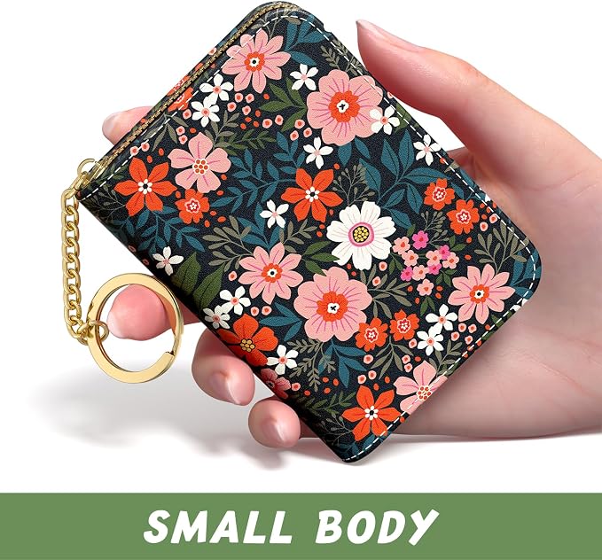 Aiawoxc Credit Card Holder, Small RFID Wallet Slim Leather Card Organizer Case with Zipper and Keychain, Cute Flowers