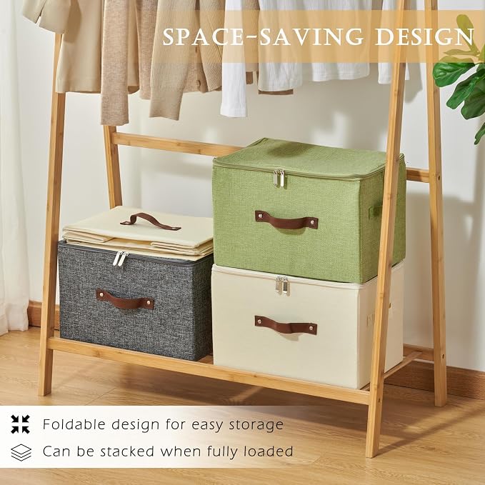 2 Pack Storage Bins with Zipper Lid Cotton Linen Fabric Lidded Storage Baskets Boxes Foldable Washable Closet Shelf Clothes Organizer Container with PU Leather Handles (Beige, Large Size)