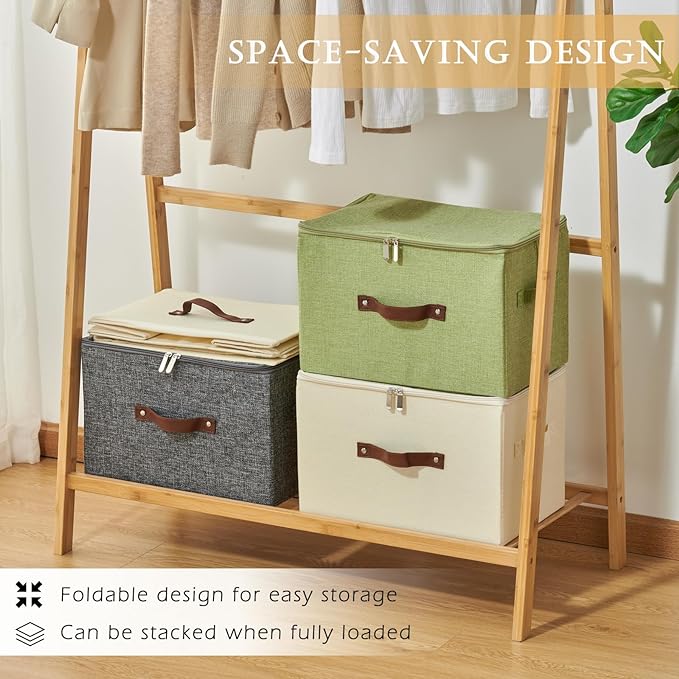 4 Pack Storage Bins with Zipper Lid Cotton Linen Fabric Lidded Storage Baskets Boxes Foldable Washable Closet Shelf Clothes Organizer Container with PU Leather Handles (Beige, Large)