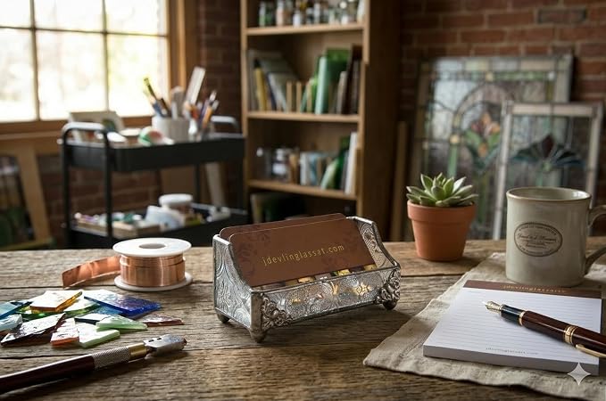 J Devlin Stained Glass Business Card Holder, Vintage Glass Desk Display | Handcrafted stained glass business card holder for desks, reception counters, executive offices, and home workspaces.
