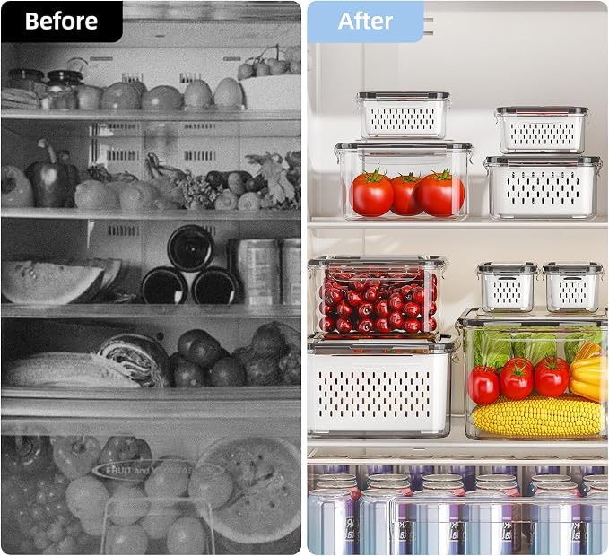 Fruit Storage Container for Fridge with Removable Colander, 8 Pack | Leakproof Produce Containers for Fridge, Airtight Food Storage Container, Keep Fruit, Veggies, Berry, Salad Fresh Longer