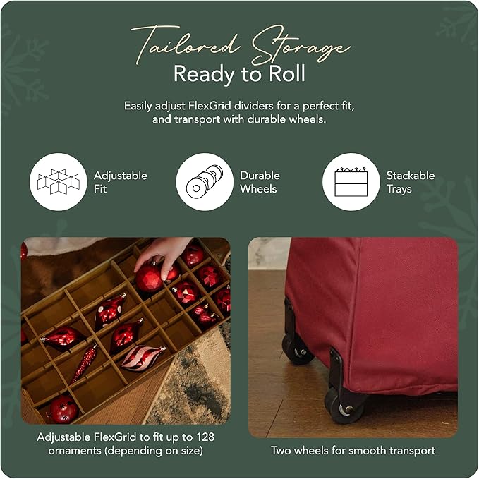 Covermates Keepsakes Rolling Adjustable Ornament Storage Bag – Heavy-Duty Polyester, FlexGrid Trays & Padded Dividers – Protective Holiday Organizer with Wheels, Handles & ID Window, Red