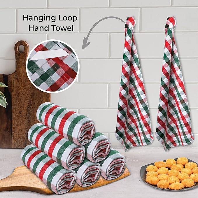 Urban Villa Christmas Kitchen Towels 100% Cotton Dish Towels for Kitchen (Set of 6) 20”x30” Dish Cloths Absorbent Kitchen Linen Set with Hanging Loop Perfect for Drying Dishes Cleaning – X MAS Checks