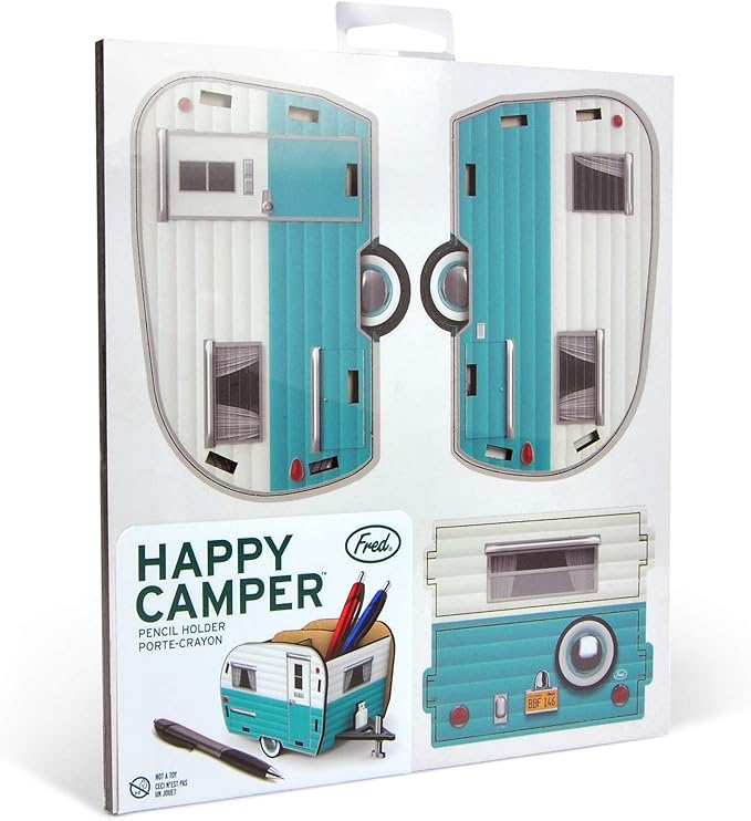 Genuine Fred HAPPY CAMPER Vintage Camper Pencil Holder, White and Blue, Retro Desk Organizer- Great Gift for Coworkers and Travel Enthusiasts - Functional Desk & Cubicle Accessory