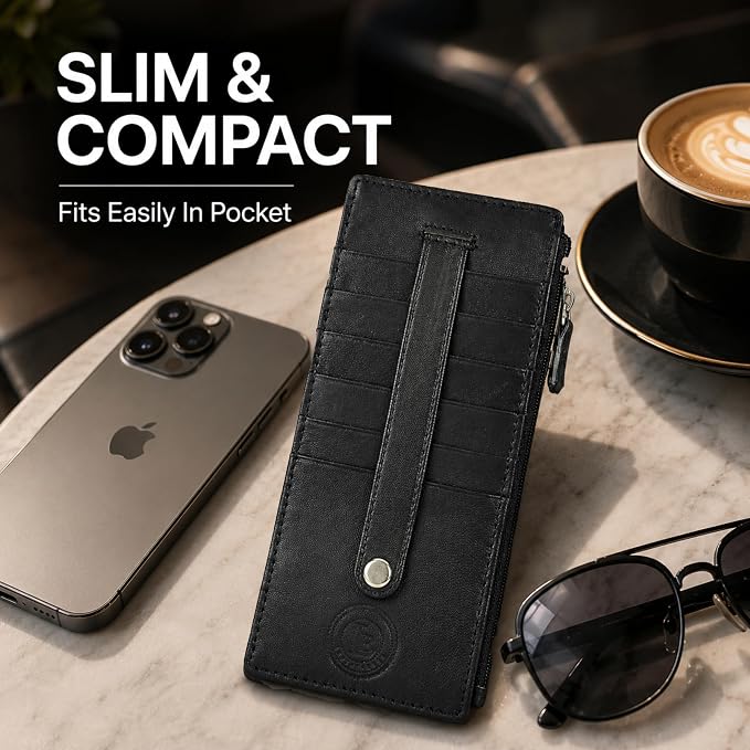Leatherboss Genuine Leather Women's All in One Credit Business Card Case Holder Slim Zipper Wallet With a Card Protection Strap, Black