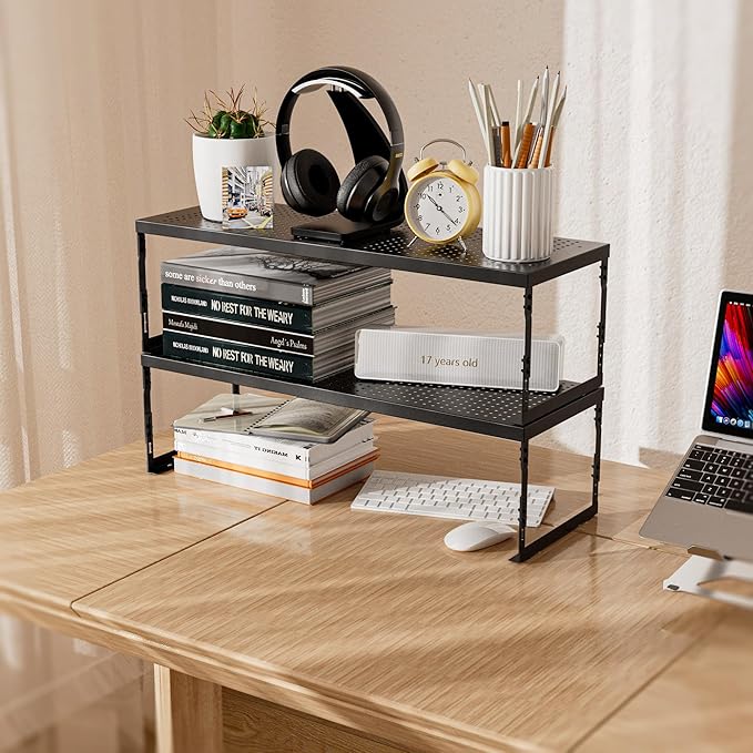 Stackable Expandable Metal Shelf Organizer - Adjustable Wire Storage Rack with Holes for Kitchen, Bathroom, Cabinet, Office - Space Saving, Durable & Sturdy Design（3PACKS/Large/Black