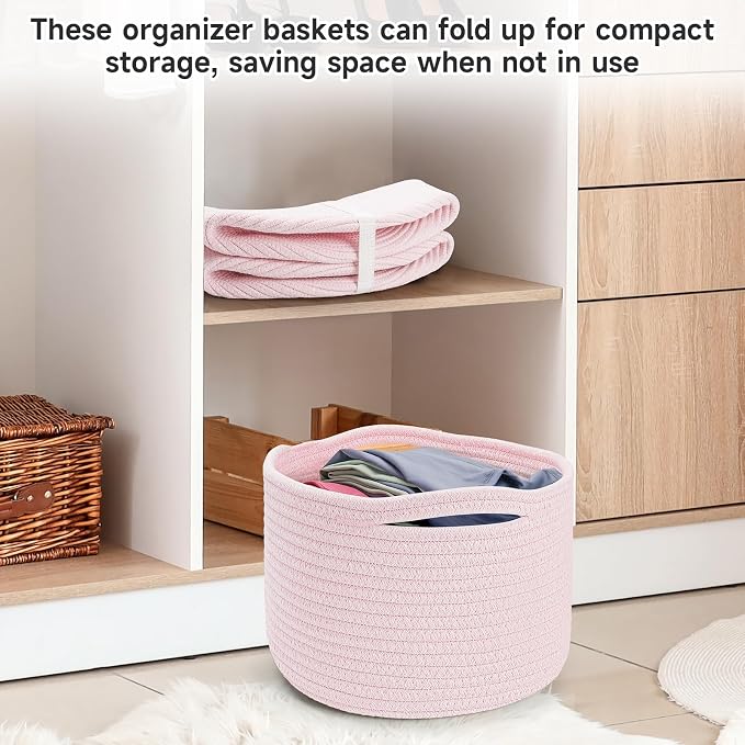 Small Rope Baskets for Storage, Baskets for Gifts Empty, Cute Round Woven Basket, Decorative Shelf Baskets 9.82×9.82×7.1", Cotton Toy Basket Storage Bins for Organizer 3 Packs-Pink