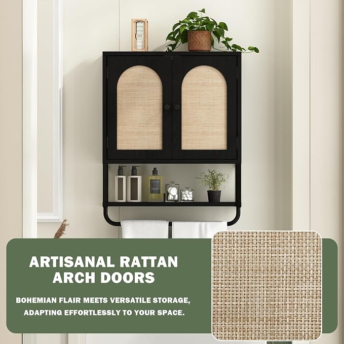 RUSTOWN Rattan Bathroom Wall Cabinet, Boho Over The Toilet Storage Cabinet | Arched Rattan Doors, Modern Medicine Cabinet, Adjustable Shelves, Towel Bar, Black