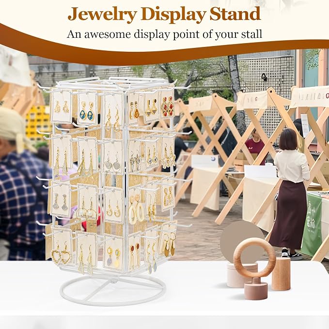 360 Rotating Earring Display Stands for Selling, 4 Tier Metal Earring Rack Holder Stand, Jewelry Display for Selling Earring Cards, Bracelets, Necklaces, KeyChains, Hair Accessories (48 Hooks)